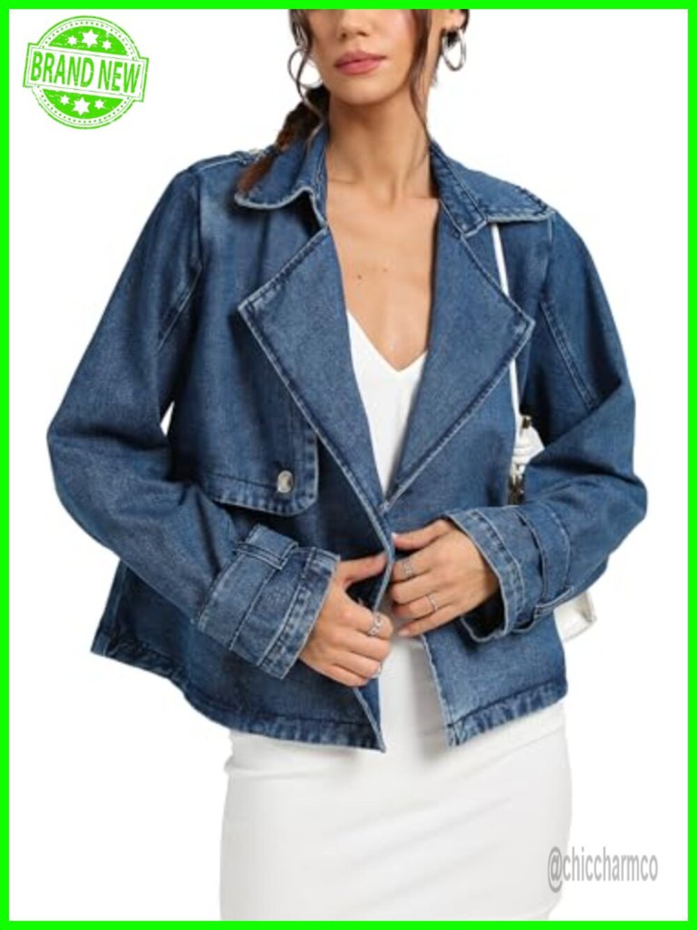 Women Cropped Denim Jacket Short Jean Trench Double-Breasted Adjustable Sleeves